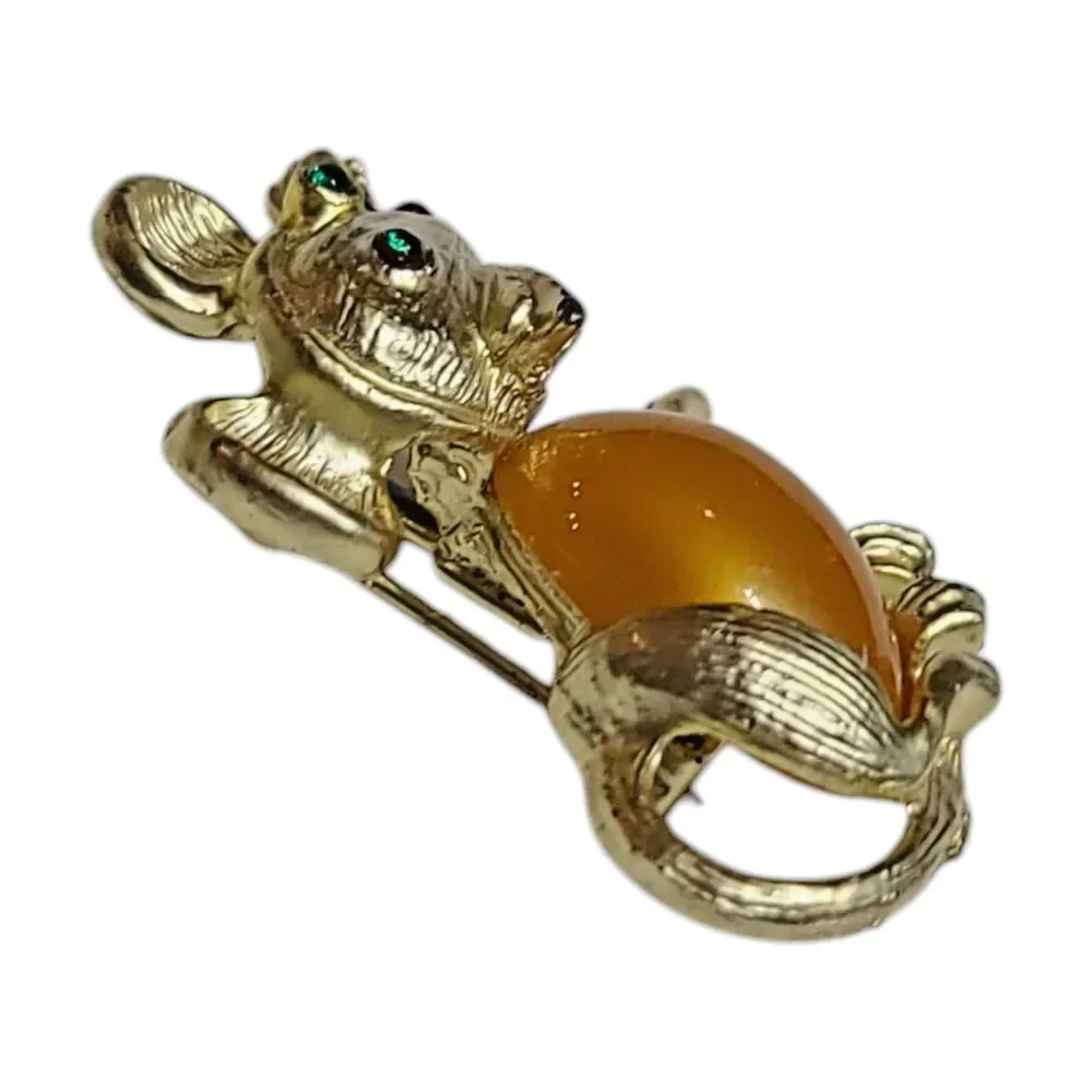 Vintage Mouse Orange Jelly Belly Green Rhinestone Eyes Gold Tone Brooch Pin